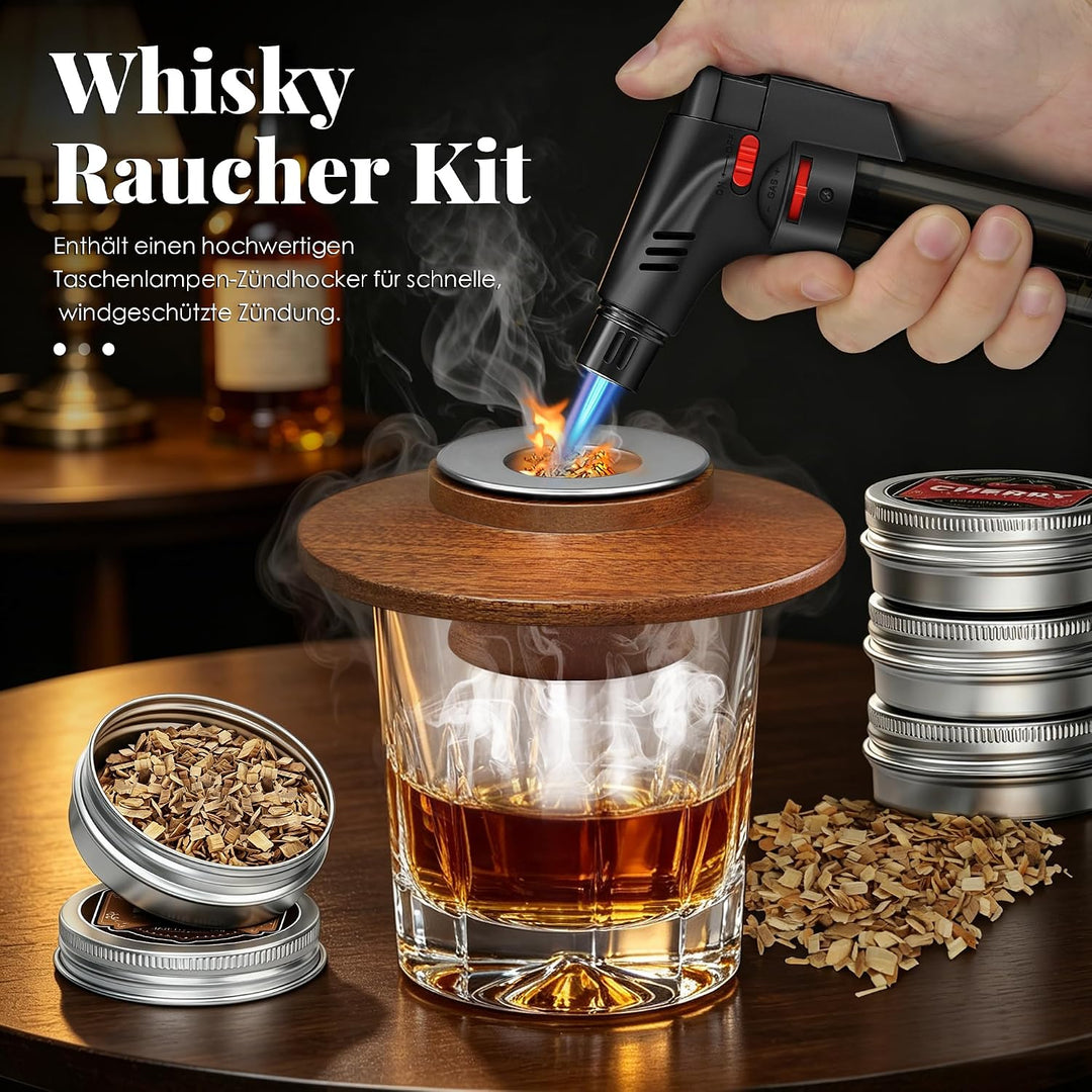 Whisky Räucher Set mit Sturmfeuerzeug, 2 Edelstahlfiltern &amp; 4 Geschmack-Holzspäne, Hochwertiges Sape