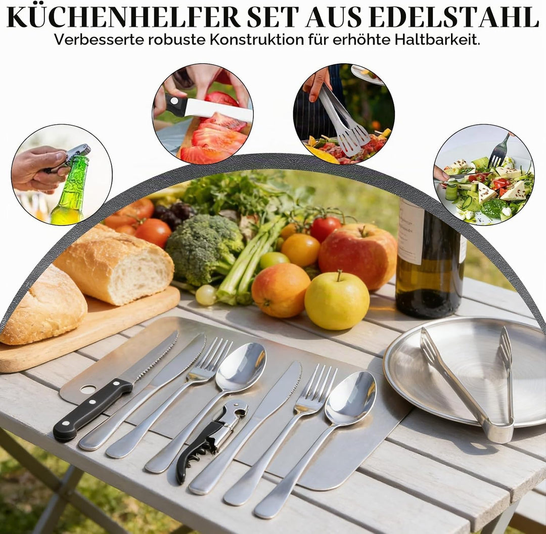 Camping Geschirr Set für 4 Personen, 22 Stück Tragbars Campingbesteck Set, Besteck Camping mit Löffe