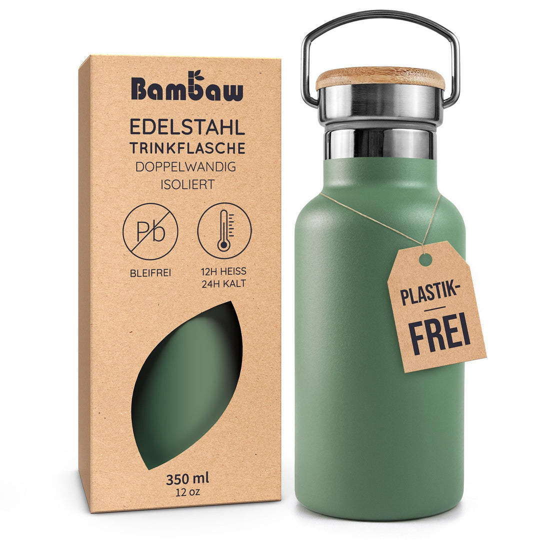 Bambaw Wasserflasche Isoliert 350 ml, Thermosflasche Grün, Edelstahl Trinkflasche Kinder, Trinkflasc