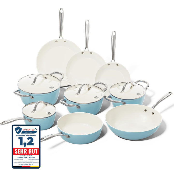 Cook & Pan - Go Blue Topfset und Pfannenset 9-teilig-Induktionsgeeignet-PFAS frei Keramik-Beschichtu