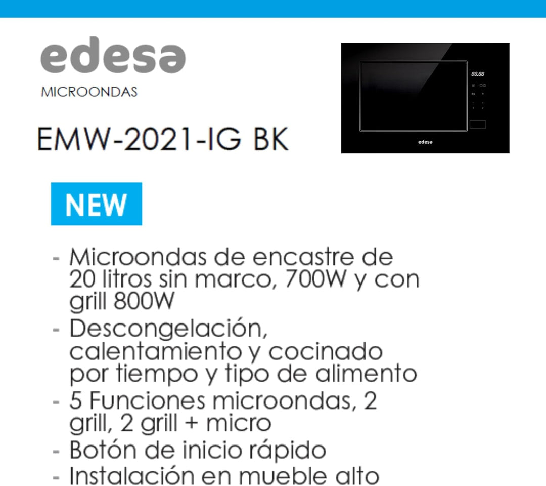 EDESA Einbau-Mikrowelle EMW-2021-IG BK, rahmenlos, grosse Kapazität, 20 Liter, Grillleistung 800 W,