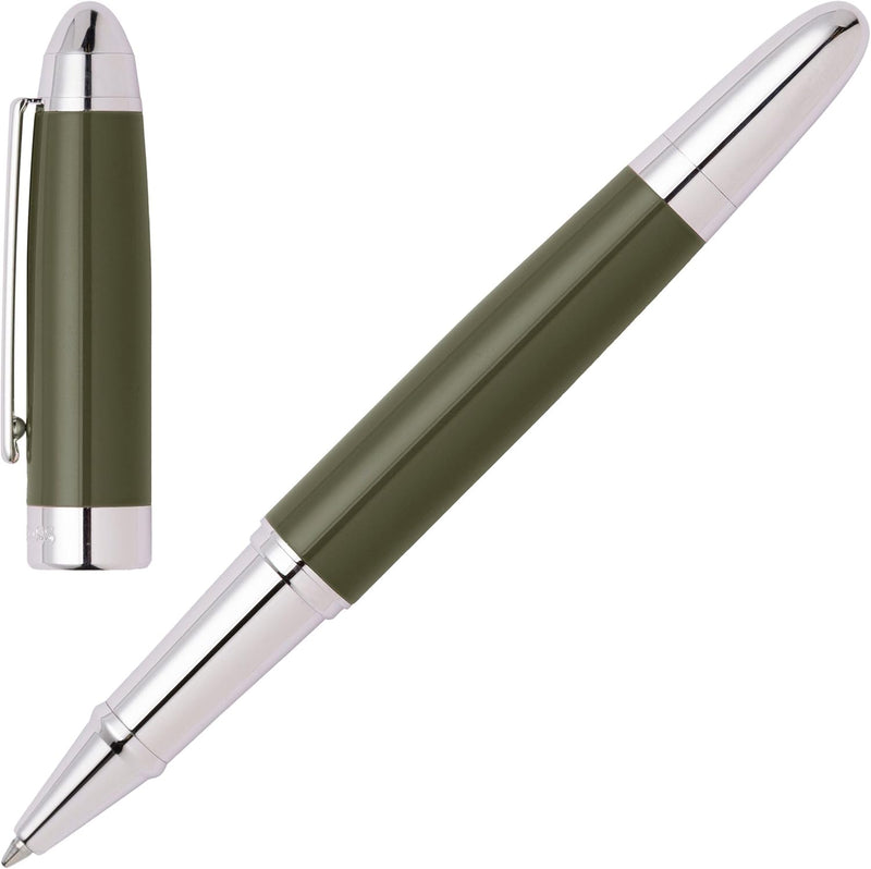 Hugo Boss Icon Tintenroller aus Messing in der Farbe Khaki-Gun, Länge: 13,6cm, Tintenfarbe: Schwarz,