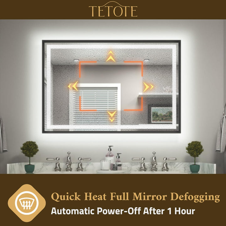 TETOTE Badspiegel mit Beleuchtung Schwarz Metallrahmen 50x70cm, Badezimmerspiegel Beleuchtet Beschla