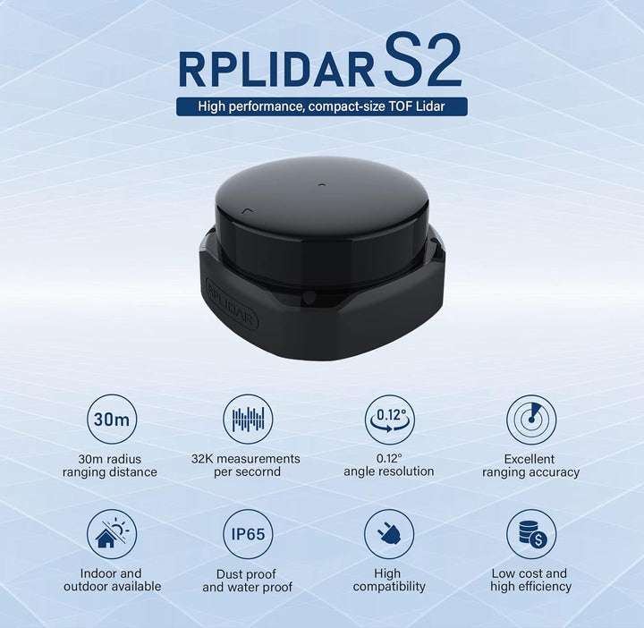 WayPonDEV RPLIDAR S2 2D 360 Grad 30 Meter Scanradius IP65 LIDAR Sensor zur Hindernisvermeidung und N