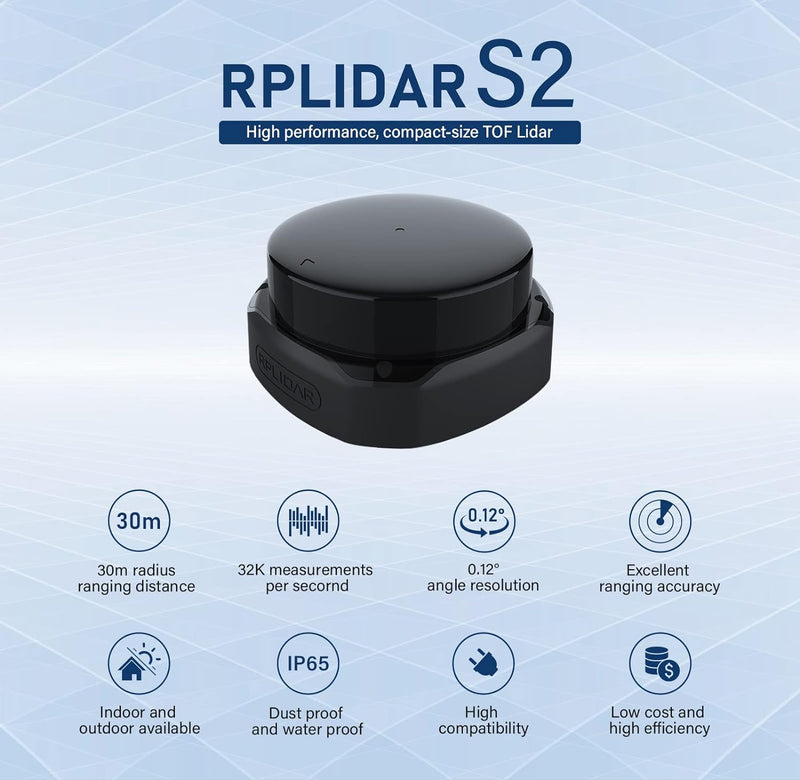 WayPonDEV RPLIDAR S2 2D 360 Grad 30 Meter Scanradius IP65 LIDAR Sensor zur Hindernisvermeidung und N