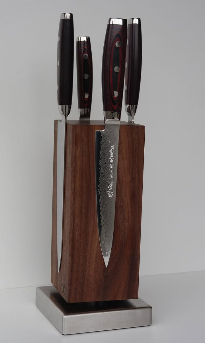 Blockwerk Magnet Messerblock"Monolith" Nussbaum + 4 Super Gou 161 Damastmesser + Messerschärfer MINO