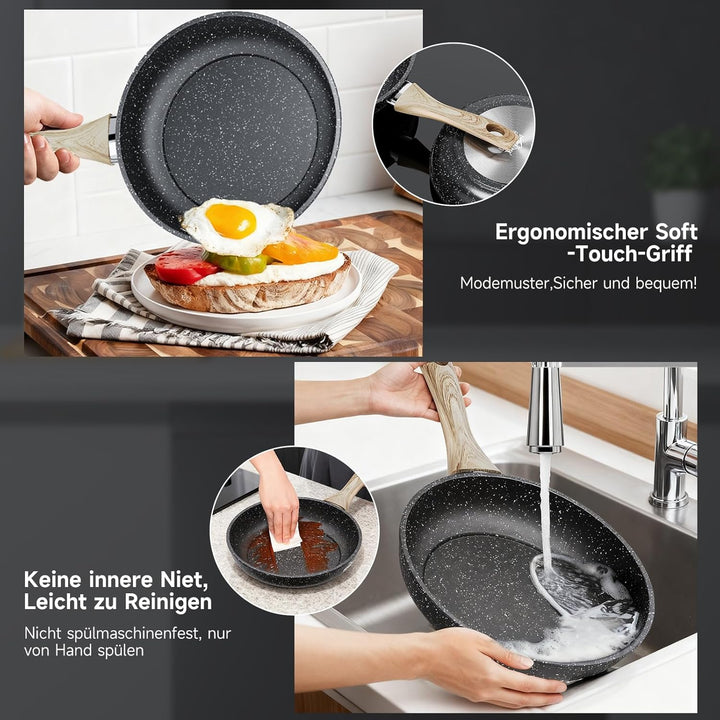 HOMELUX Antihaft Pfannenset 3-teilig Induktion, Bratpfanne 20/24/28cm mit Holzgriff, PFOA & PTFE fre