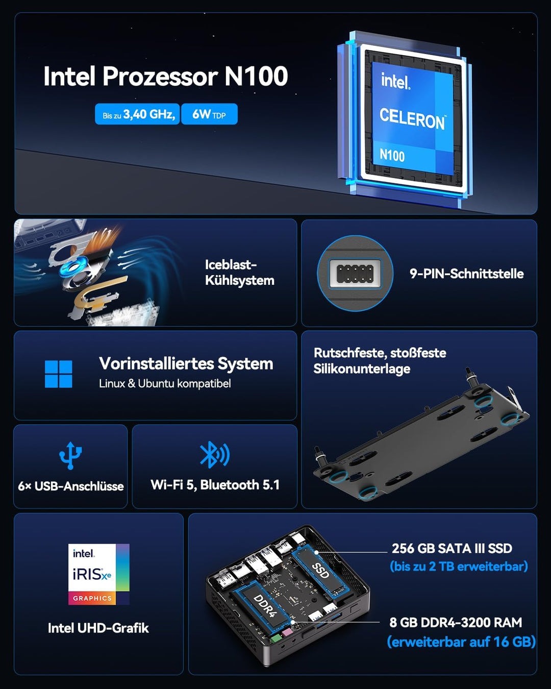 GEEKOM Air12 Lite Mini-PC – Intel Alder Lake N100 Prozessor (bis zu 3,4 GHz), 8GB DDR4 RAM + 256GB S