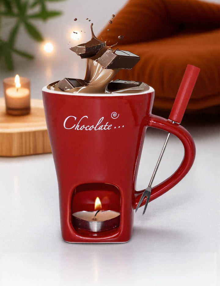 Keramik Schokofondue Tasse Set mit Mit Gabel - 200ml, Rot, Rot