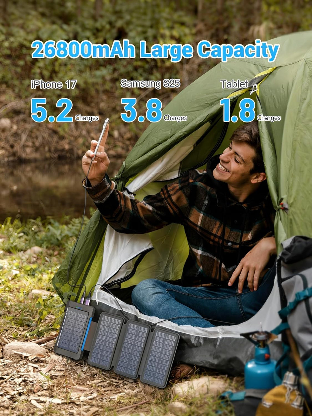 Solar Powerbank 26800 mAh, Powerbank USB-C 18W Schnellladung für iPhone Samsung und mehr, IPX7 wasse