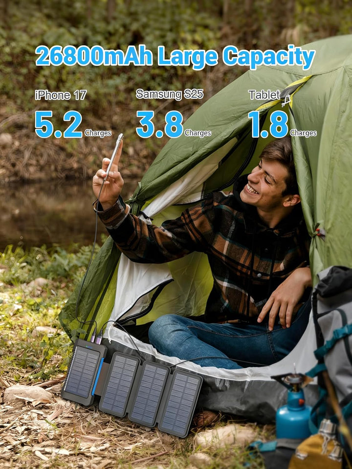 Solar Powerbank 26800 mAh, Powerbank USB-C 18W Schnellladung für iPhone Samsung und mehr, IPX7 wasse