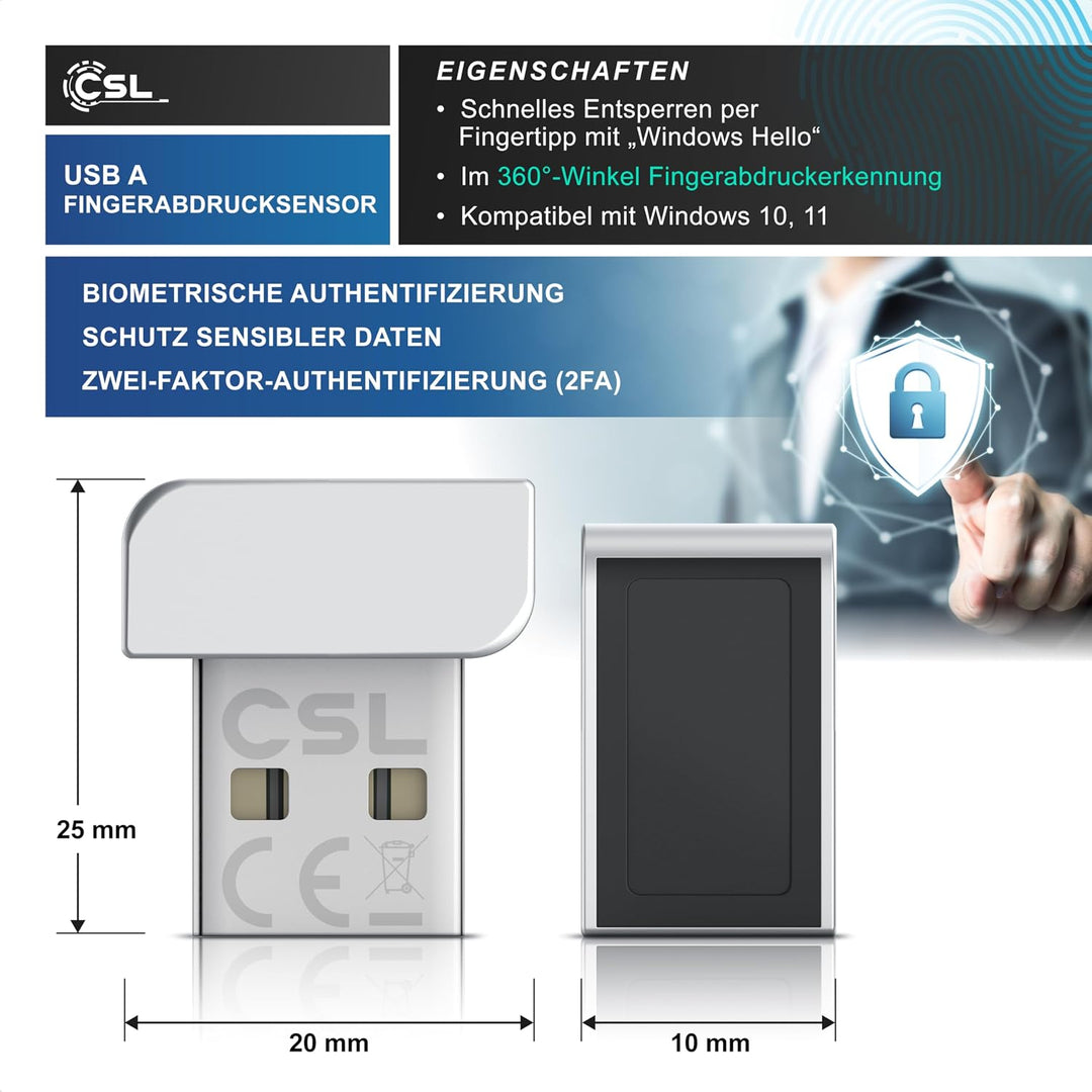CSL - USB Fingerabdrucksensor für PC - Fingerprint Key - bis zu 10 IDs – kompatibel mit Windows 11 –