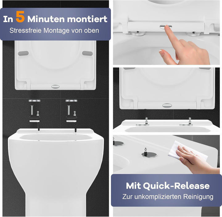 WC-Sitz Eckig, E Form Toilettendeckel mit Absenkautomatik, abnehmbar, Urea-Duroplast, Belastbarkeit
