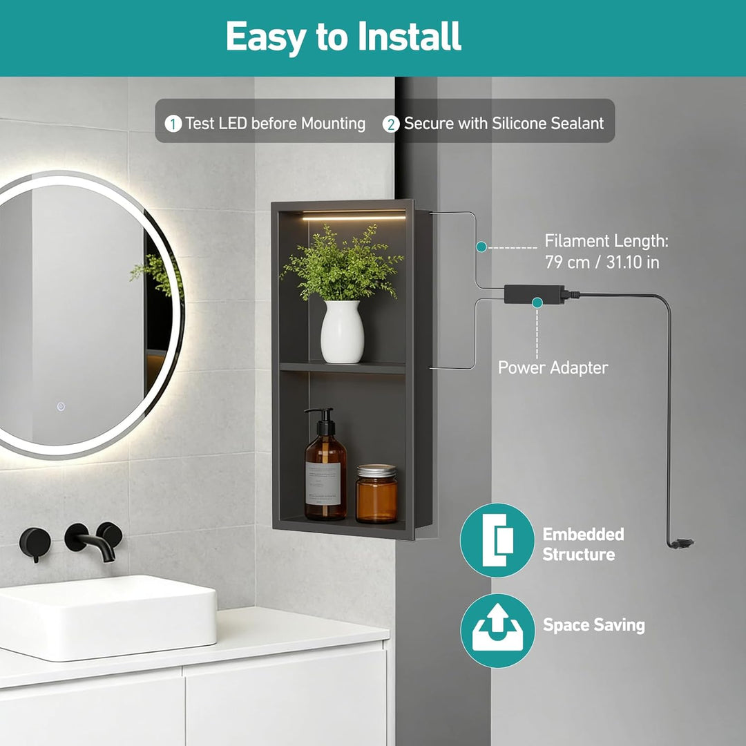 Zyncove Wandnische Dusche mit LED-Beleuchtung (4000K Warmweiss), 304 Edelstahl Duschnische mit Ablag