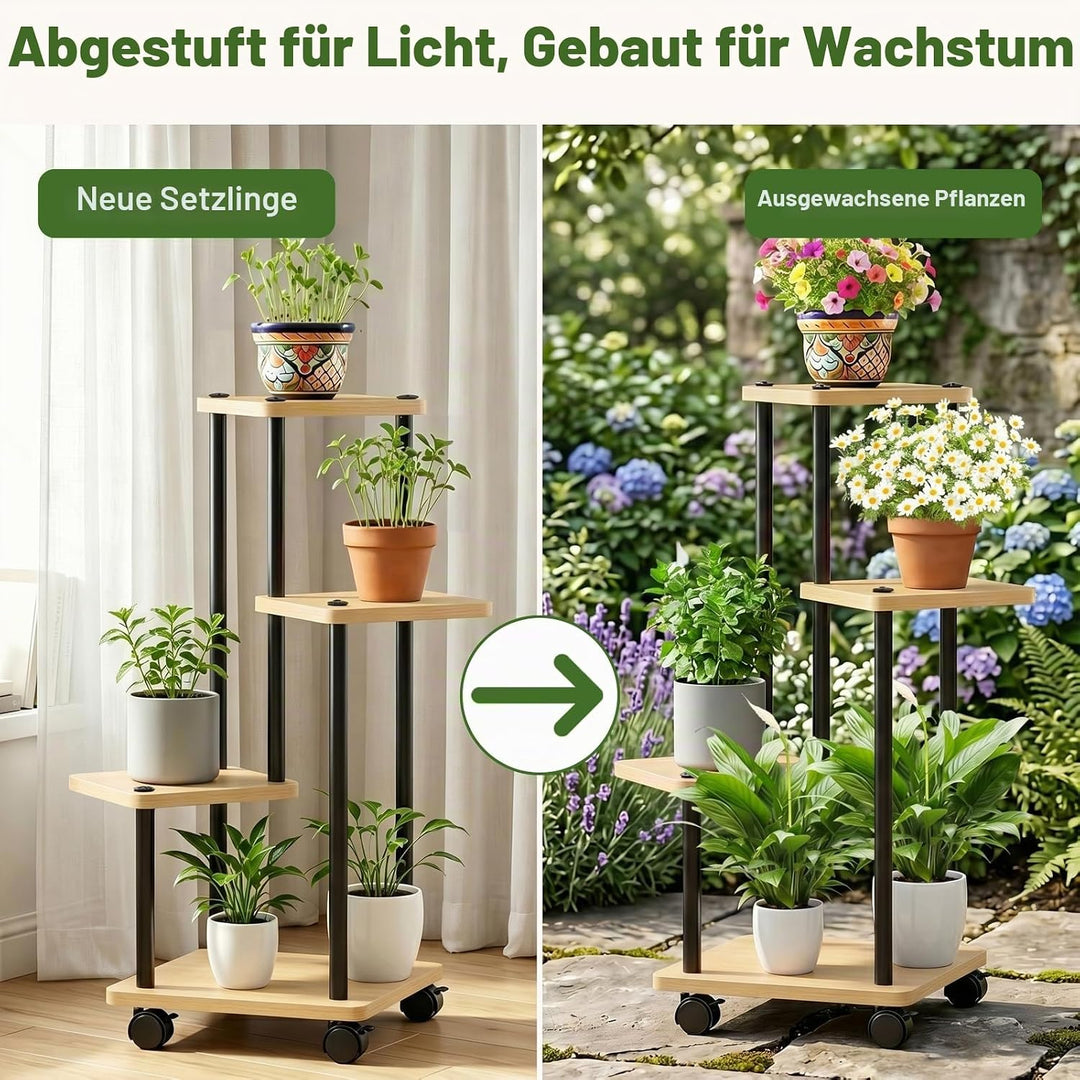 Blumenständer mit Rollen, 4 Etagen Pflanzenständer aus Metall und Holz, Platzsparend Indoor Pflanzen