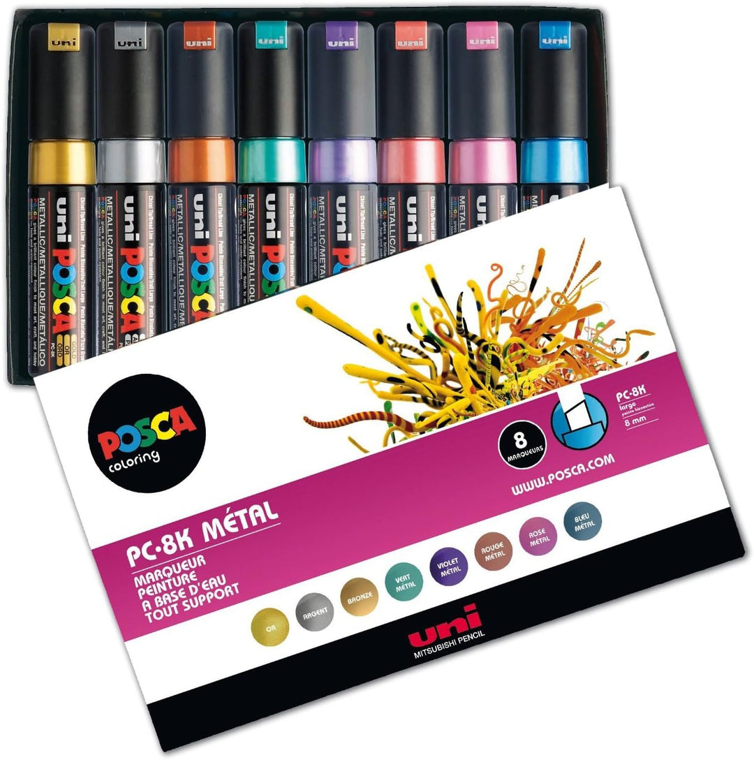 uni-ball 182609 - POSCA Marker mit breiter Keilspitze, 8er Set, metallic 8er Set - Metallicfarben, 8
