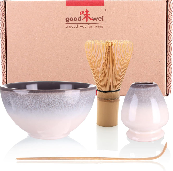 Goodwei Matcha Set komplett mit Matchabesen, Matcha Löffel und Matcha Schale aus Keramik mit Besenha