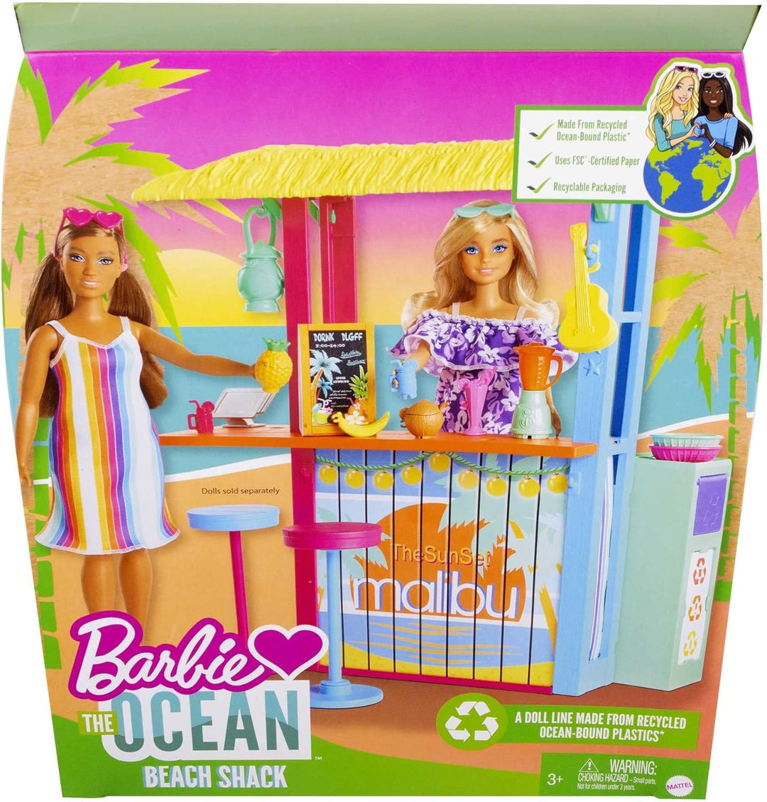 Barbie GYG23 - Loves The Ocean Strandhüttenspass Spielset mit mehr als 18 Zubehörteilen aus recycelt