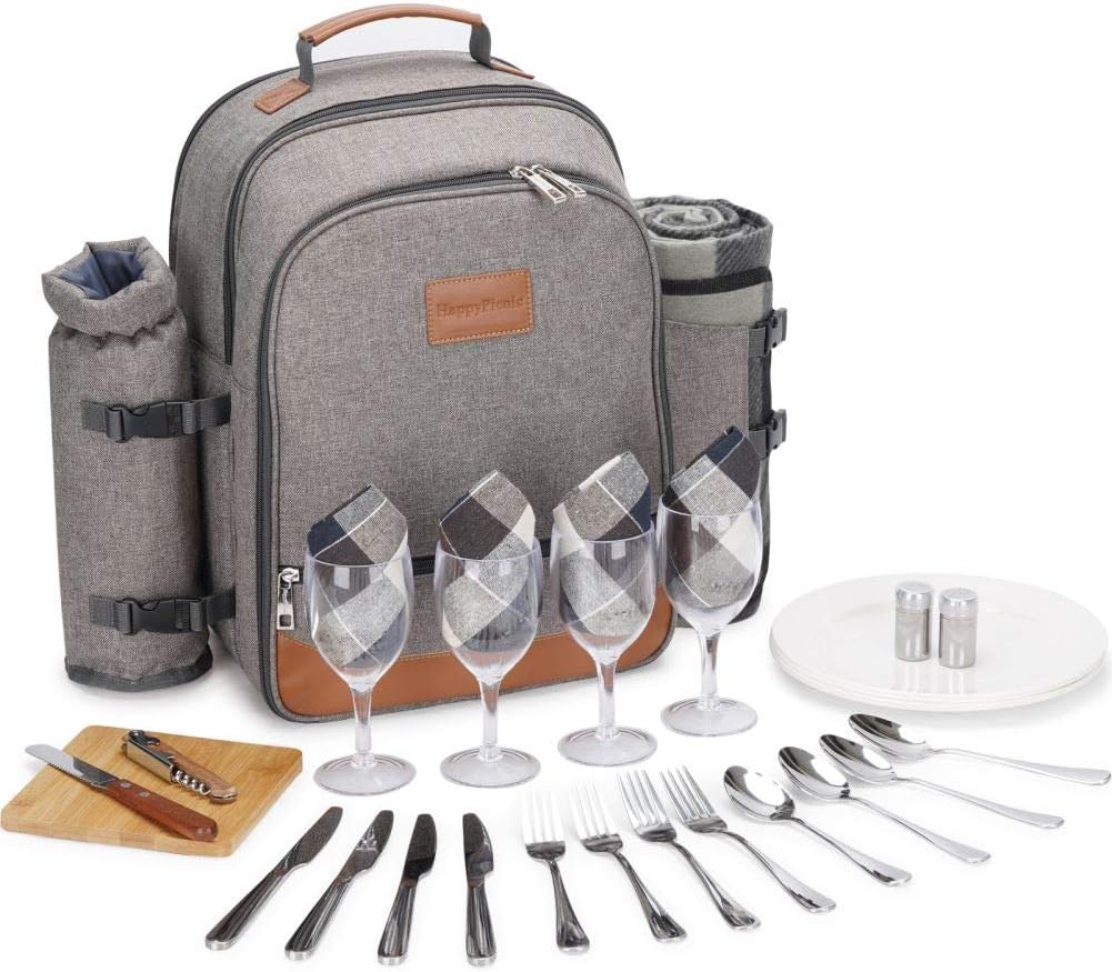 HappyPicnic Isolierter Picknickrucksack für 4 Personen mit komplettem Geschirr, geräumigem Kühlfach,