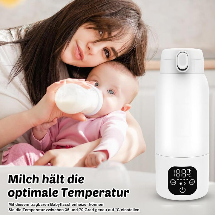 Tragbarer Flaschenwärmer Baby Unterwegs, Akku Thermoskanne 500ml, 35-70 °C Einstellbar, Mobiler Milc