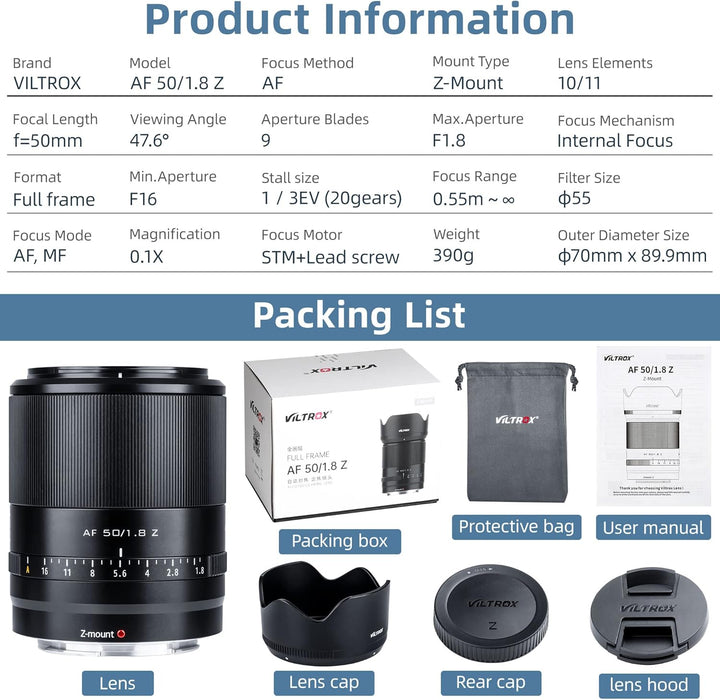 VILTROX 50 mm F1.8 Z-Mount Hauptobjektiv für Nikon Z5 Z50 Z6 Z6II Z7 Z7II ZFC (Vollformat, Autofokus