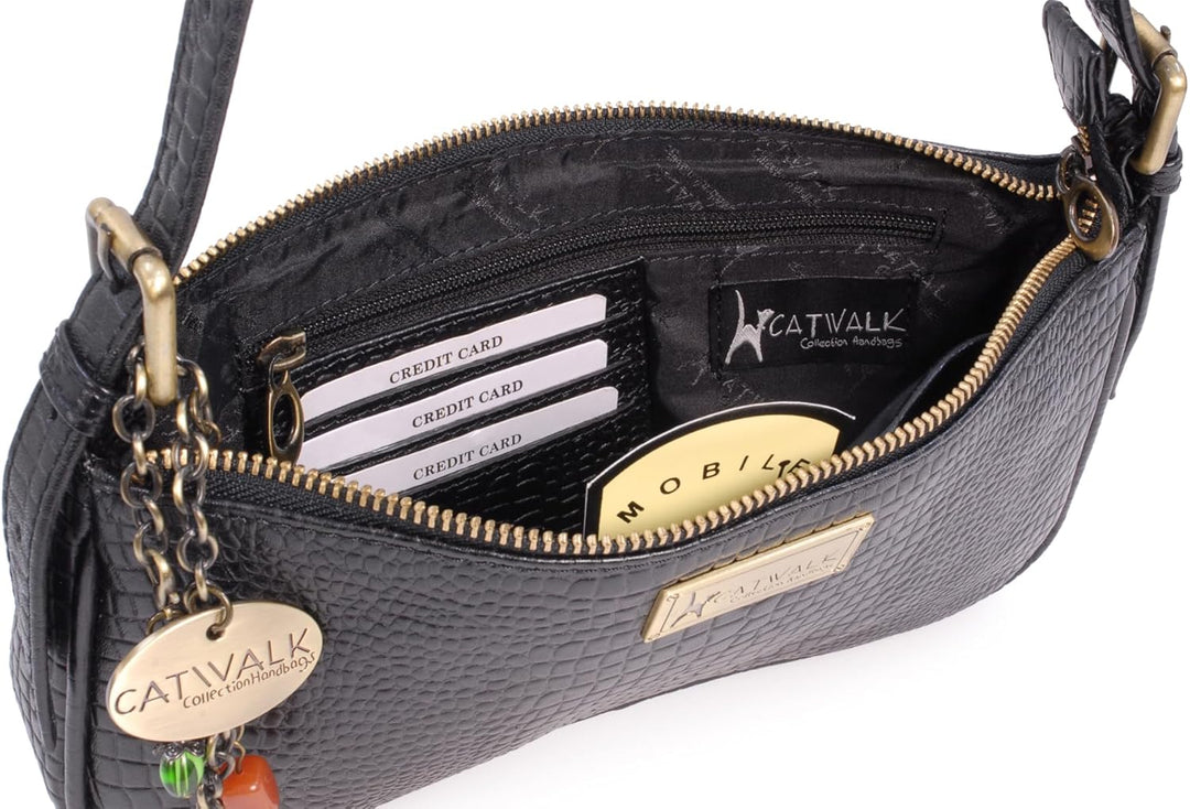 Catwalk Collection Handbags - Klein Damen Schultertaschen - Henkeltaschen - Leder mit krokodilprägun