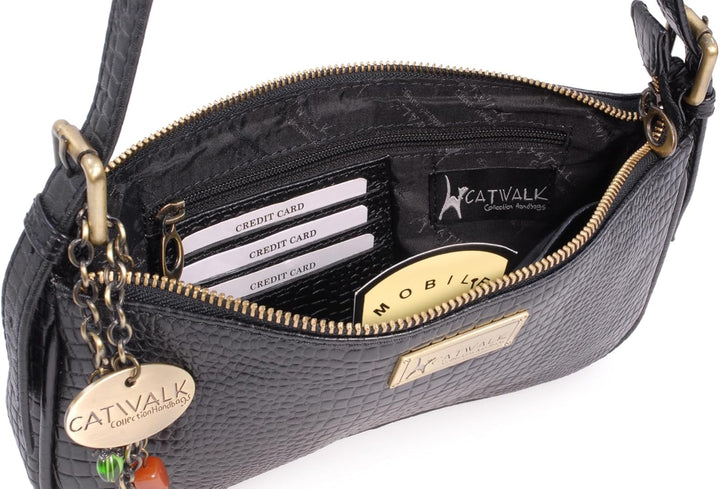 Catwalk Collection Handbags - Klein Damen Schultertaschen - Henkeltaschen - Leder mit krokodilprägun