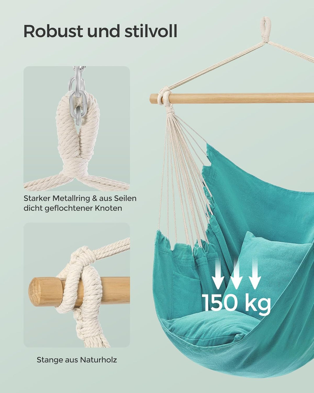 SONGMICS Hängesessel, Hängeschaukel, Hängestuhl mit 2 Kissen, Metallkette, bis 150 kg belastbar, Ind