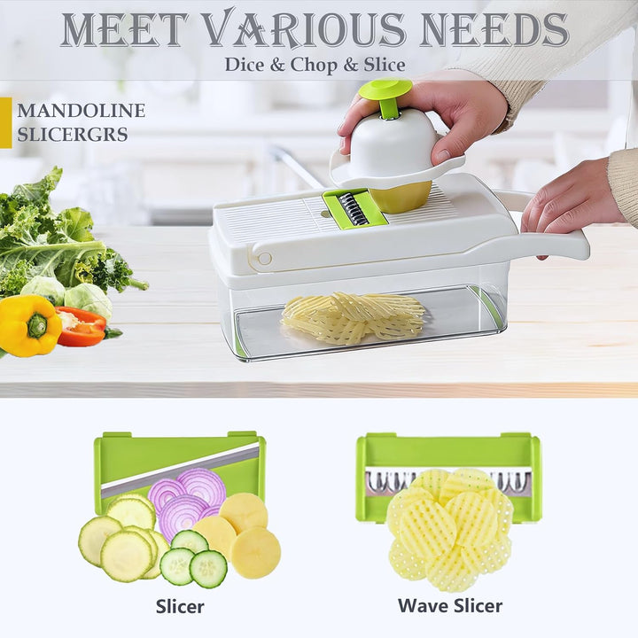 Gemüseschneider Gemüsehobel Reibe Zwiebelschneider Mandoline Dicer Chopper, Weiss 10 Klinge