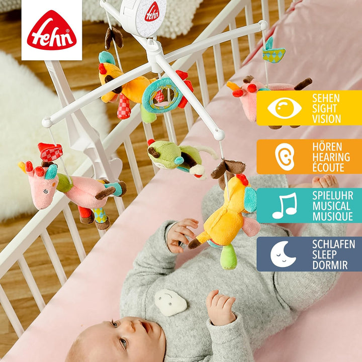 Fehn Musik Mobile Safari - Baby Einschlafhilfe Musikspielzeug mit süssen Tieren - Babymobile Spieluh
