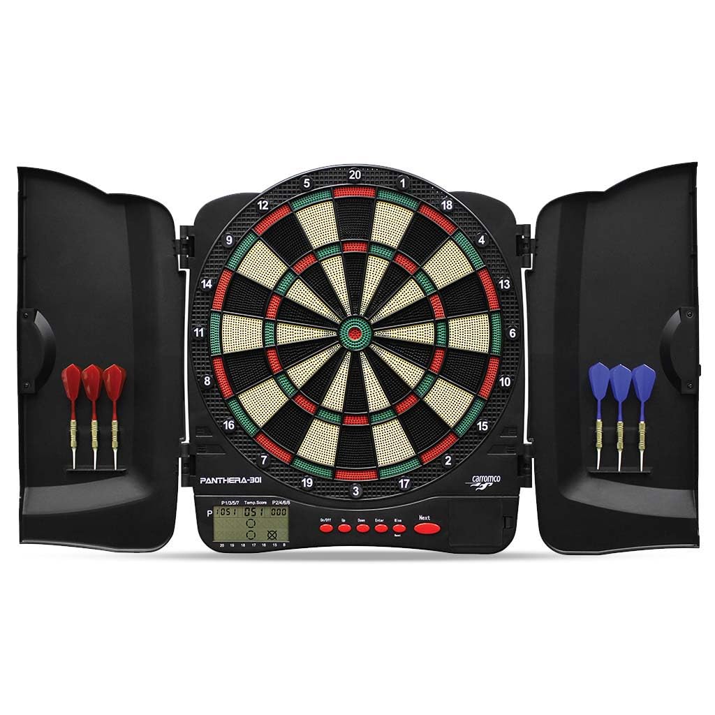 Carromco 93051 Elektronische Dartscheibe Panthera-301 – Dartkabinett mit Plastiktüren für 44204 Spie