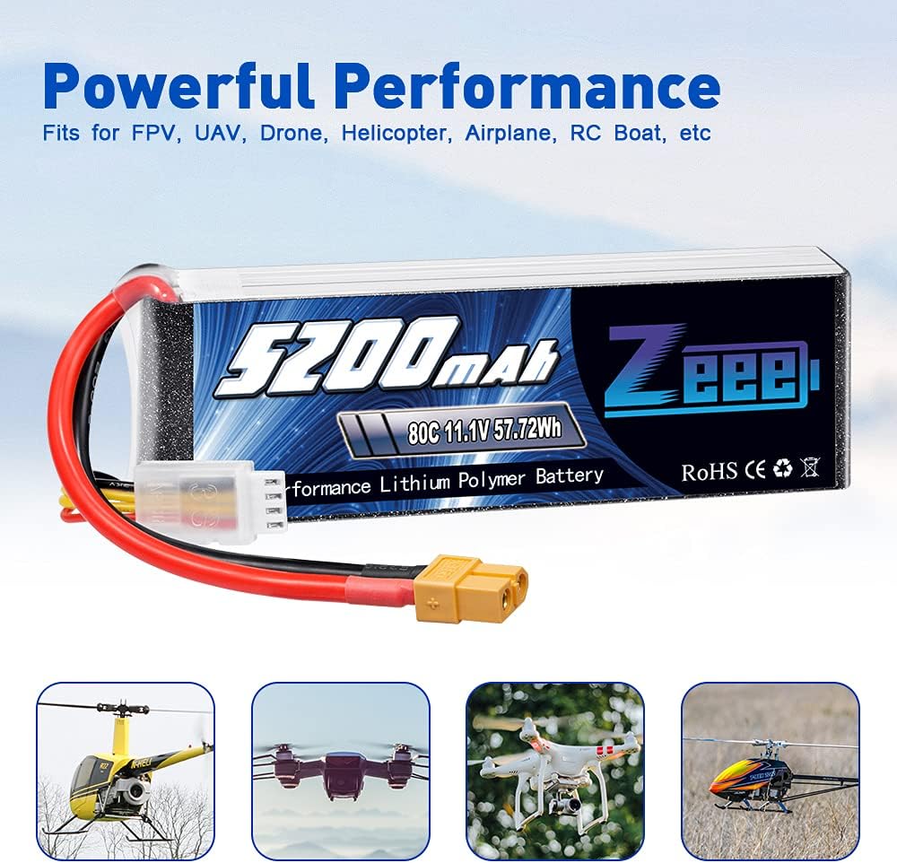 Zeee 3S LiPo Akku 5200mAh 11,1V 80C mit XT60 Steck für RC Auto, RC Flugzeug, RC Hubschrauber, RC Hob