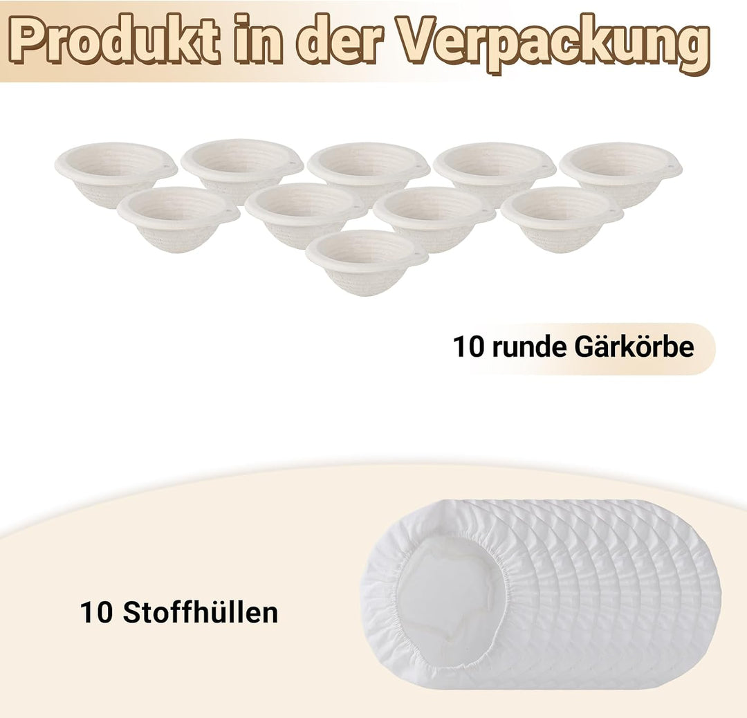 10er Set Runder Gärkorb Ø 15 x 6,5 cm aus Zellstoff | Mini Brotform mit 10 Leinentüchern | Backkorb