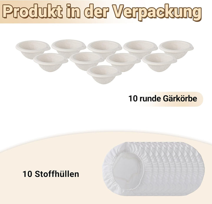 10er Set Runder Gärkorb Ø 15 x 6,5 cm aus Zellstoff | Mini Brotform mit 10 Leinentüchern | Backkorb