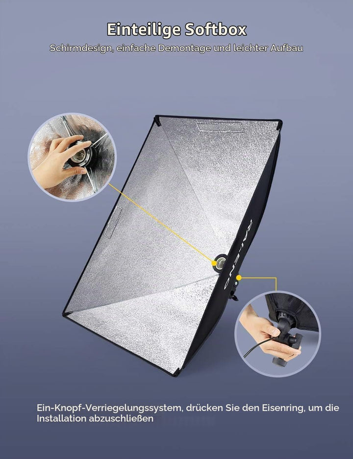 RALENO Softbox Fotostuido Set, 50 x 70cm Fotografie-Dauerbeleuchtungssystem mit 2 x 85W 5500K Glühbi