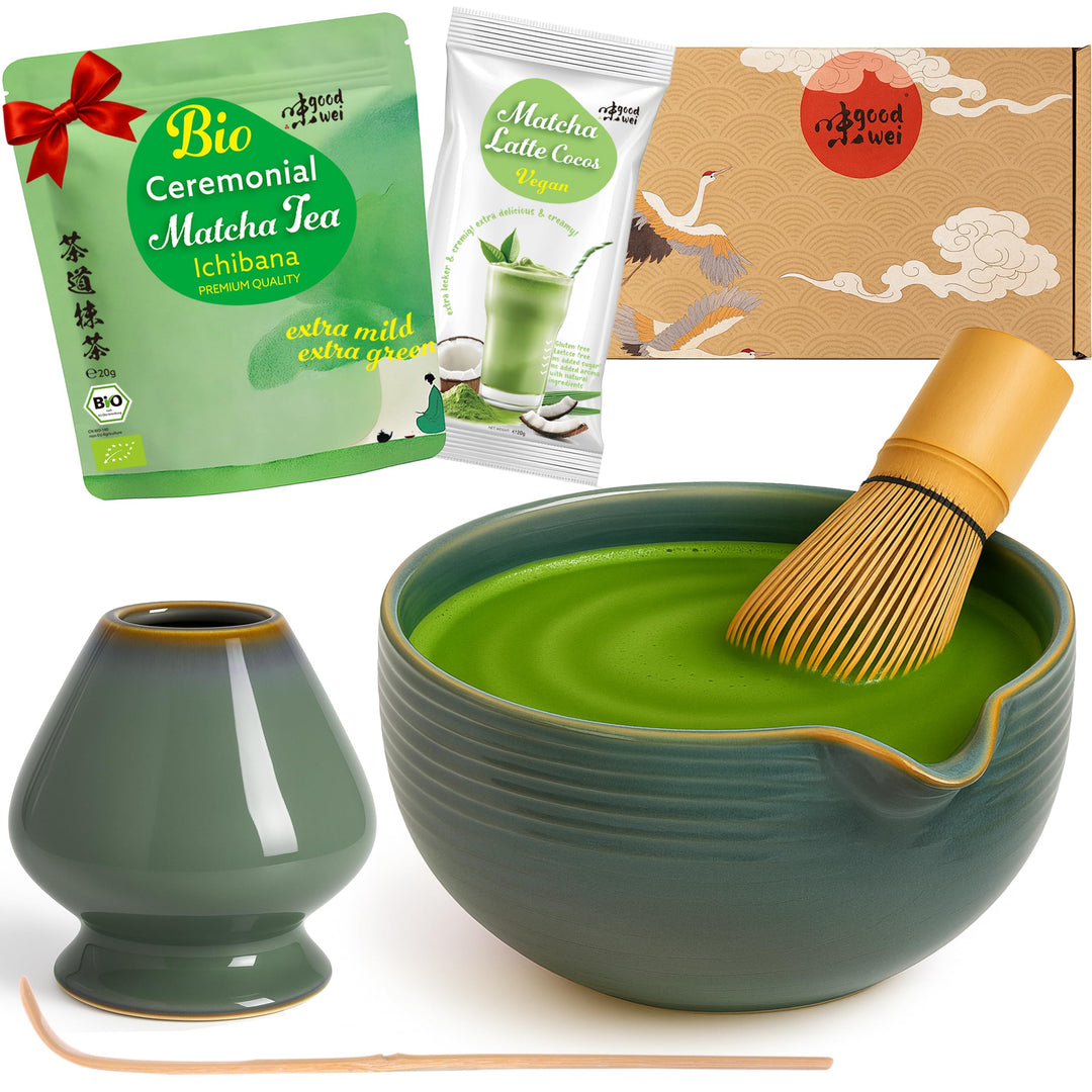 Goodwei Matcha Latte Set mit hochwertiger Matchaschale aus Keramik mit Ausgiesser, Matchabesen und B