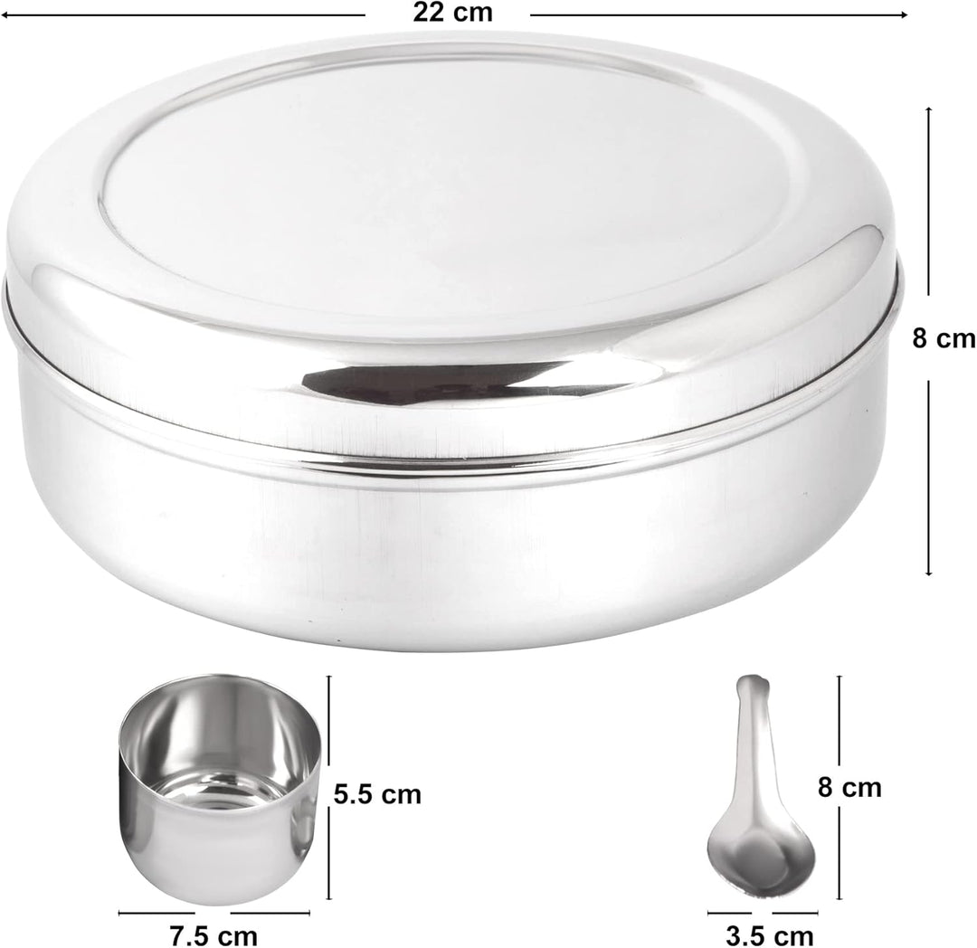 KSJONE Doppeldeckel-Gewürzbehälter Masala Dabba mit 7 Fächern und 7 Löffeln, Masala-Box, Gewürzbehäl