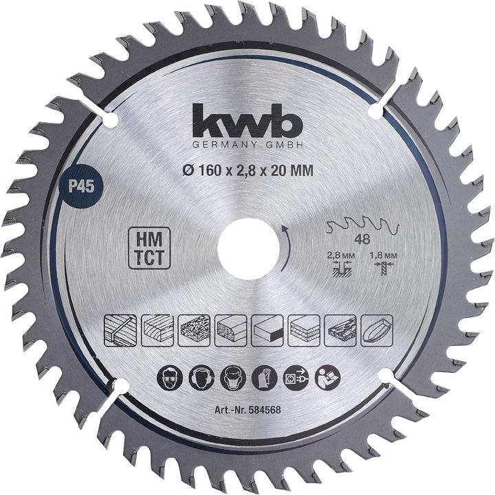 kwb Kreissägeblatt 160 x 20 mm, sehr feiner Schnitt, Sägeblatt geeignet für Arbeitsplatten, Holz und