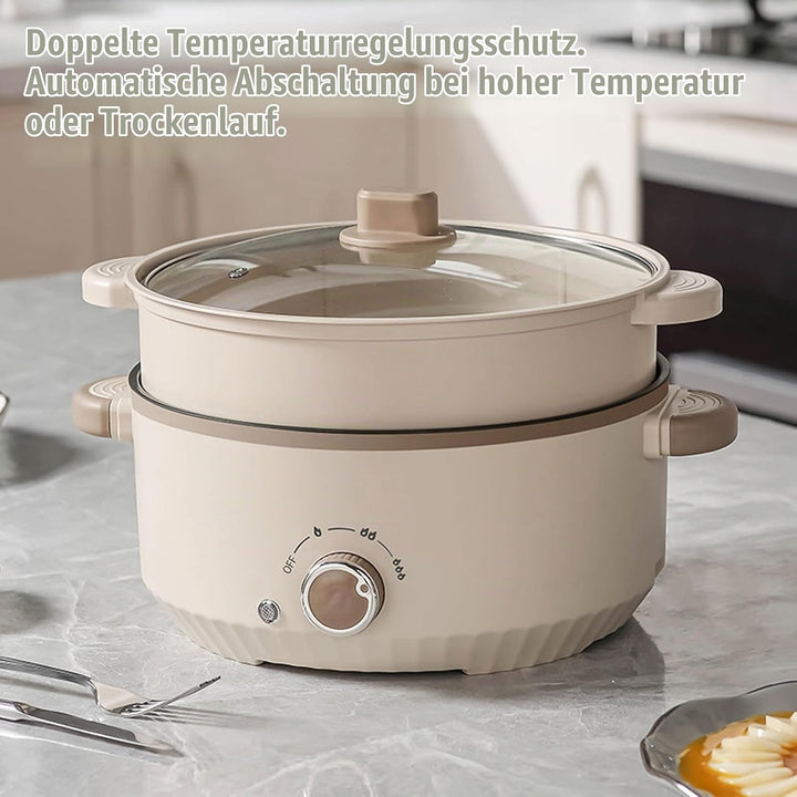 Hot Pot Elektrisch mit Dampfgarer, 4.6 L Tragbar Elektrischer Kochtopf 1000W, Multifunktionaler Hotp