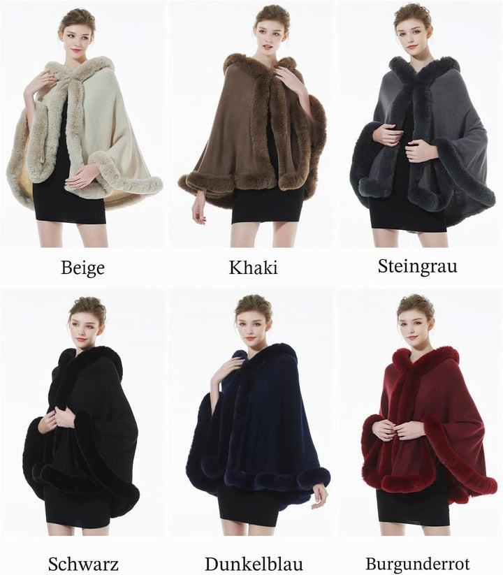 BEAUTELICATE Damen Kunstpelz Strick Poncho Cape mit Kapuze Warm Umhang Cardigan Stola Brautjacke für