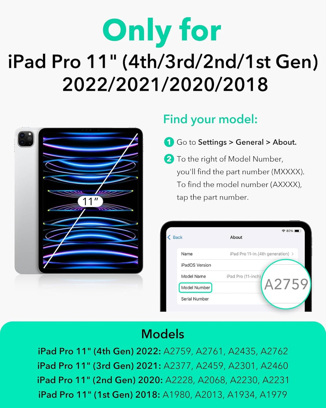 ESR für iPad Pro 11 Hülle (2022/2021/2020/2018), abnehmbare magnetische Abdeckung, Verstellbarer Hoc
