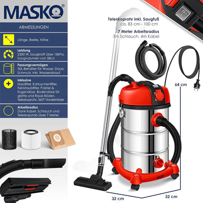 Masko® Industriestaubsauger Staubsauger Nass Trocken Sauger Edelstahl 2300W + Steckdose | Blasfunkti