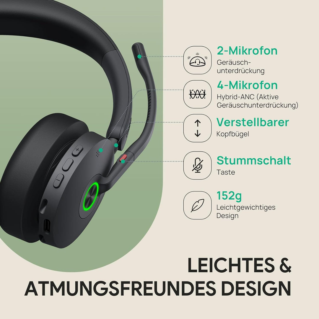 Yealink BH74 Bluetooth On Ear Headphones with Noise Cancelling ANC Headset with Microphone for Offic