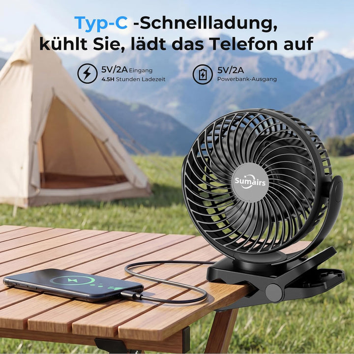 Sumairs 14cm Akku Ventilator,10000mAh Camping Ventilator zum Klemmen,Fernbedienung,LED-Licht,Powerba