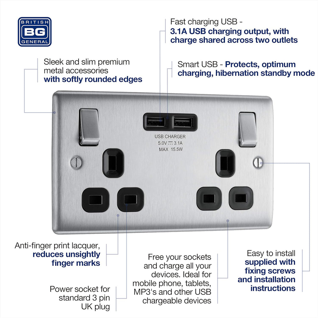 BG Electrical NBS22U3B Nexus Metall, gebürsteter Stahl, doppelt geschaltete 13A-Steckdose mit USB-Au