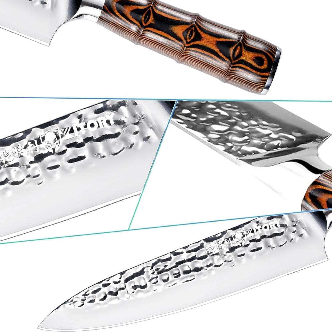 Kitory Kochmesser 20cm, Profi Chefmesser mit gehämmerter Klinge, Bambusförmiger Griff, Deutscher HC