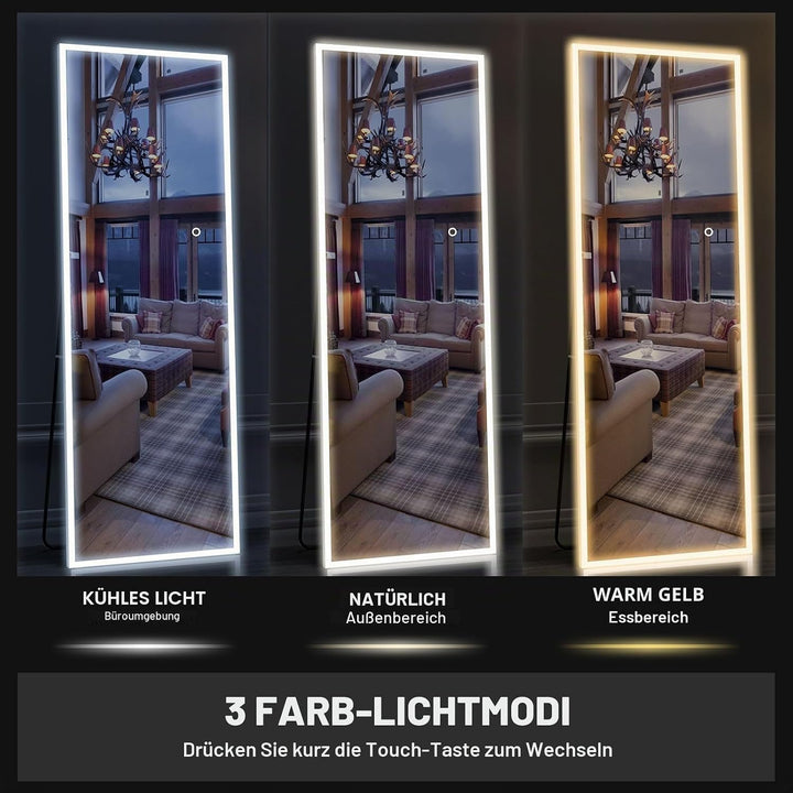 CASSILANDO Voller Länge Spiegel mit Lichtern, 160 x 50cm LED Bodenspiegel, Ganzkörper Ankleidespiege