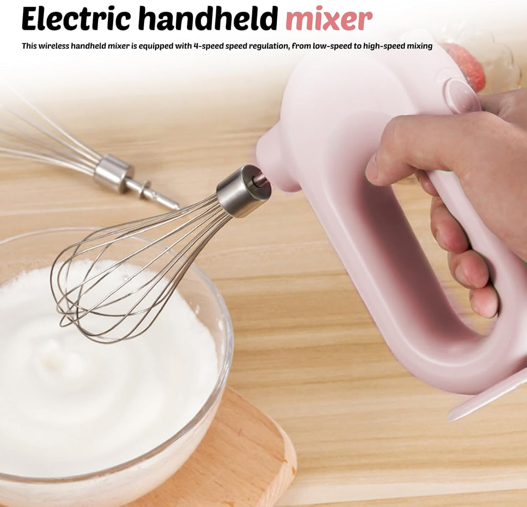 Elektrischer Handmixer: Rosa Handrührgerät mit 4 Stufen, Kabelloser Mixer Handrührer mit 2 Edelstahl