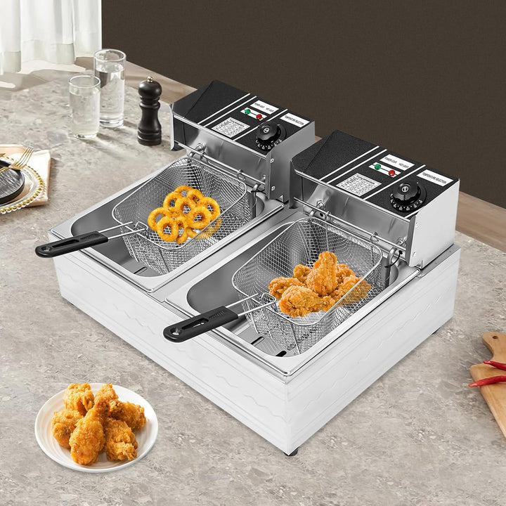 Doppelfriteuse, 2500W 220V edelstahl Gastro Friteuse Edelstahl-Fritteuse Temperatur 60-200℃ 6L+ 6L m