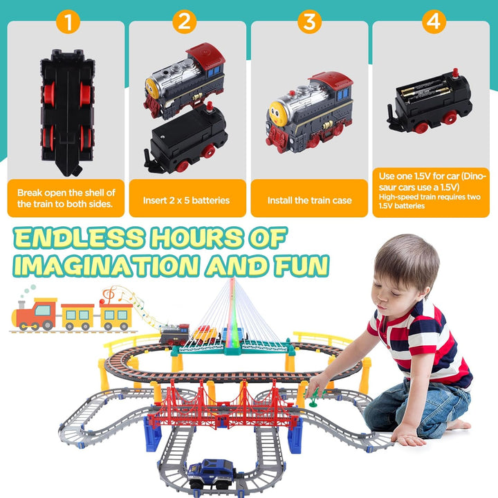 Kinder Eisenbahnschiene Zug Spielzeug Set, Autorennbahn Spielzeug mit Zug&Autobahnautos, für Kinder